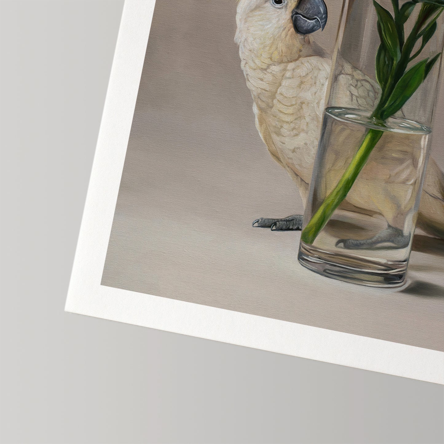 Fine art print of a cream Sulphur-crested Cockatoo next to a clear glass vase with green lilies.