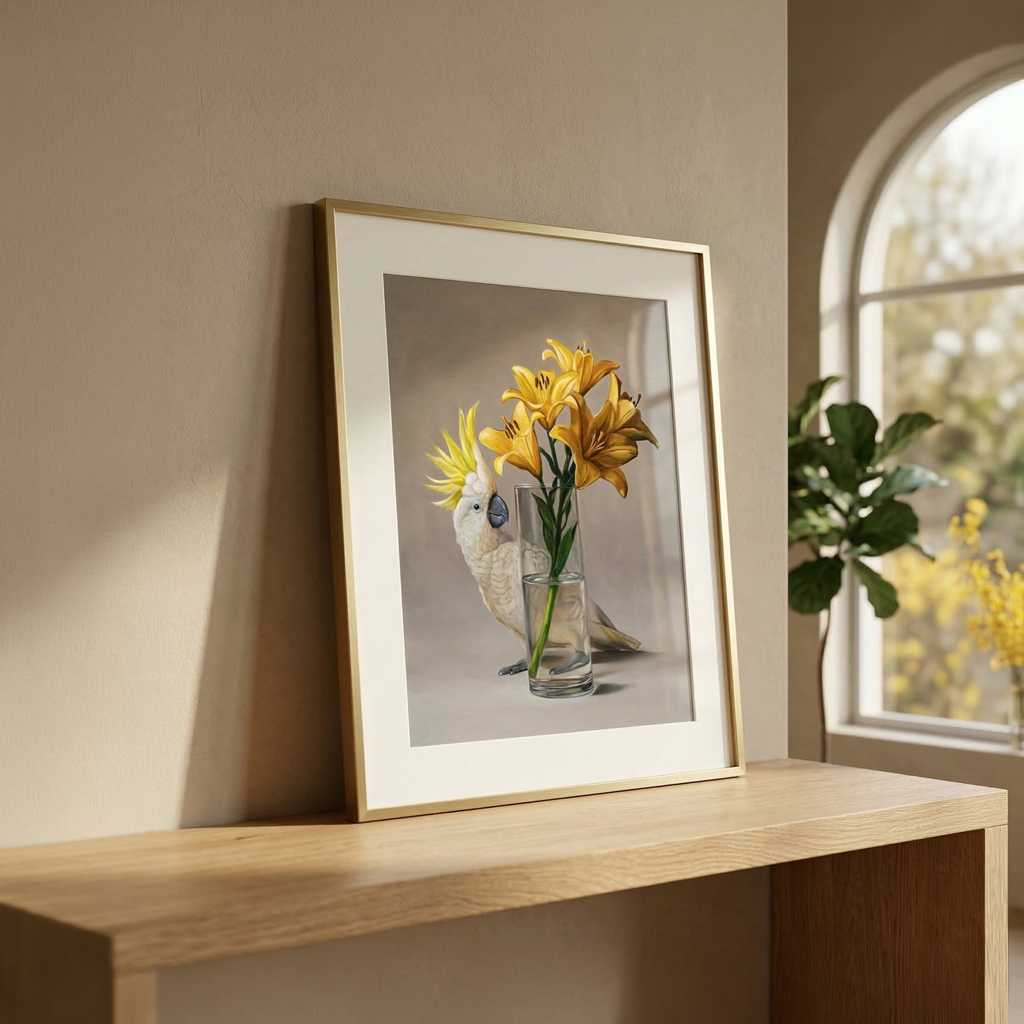 Framed fine art print of a white sulphur-crested cockatoo next to a vase of yellow lilies.