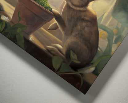 Sunroom Rabbits 20" x 16" Original Oil Painting by Lauren Pretorius: two rabbits interacting with a potted plant on a windowsill.
