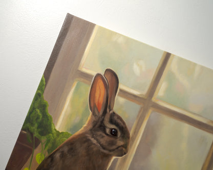 Sunroom Rabbits 20" x 16" Original Oil Painting by Lauren Pretorius: two rabbits interacting with a potted plant on a windowsill.