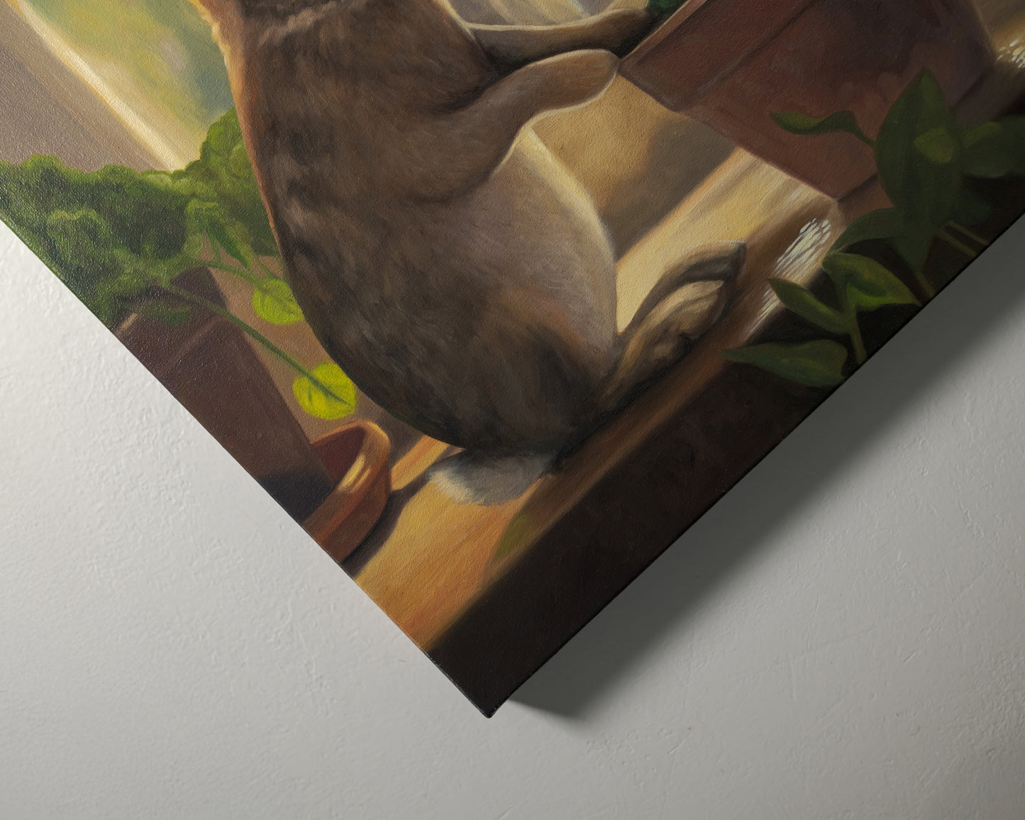 Sunroom Rabbits 20" x 16" Original Oil Painting by Lauren Pretorius: two rabbits interacting with a potted plant on a windowsill.