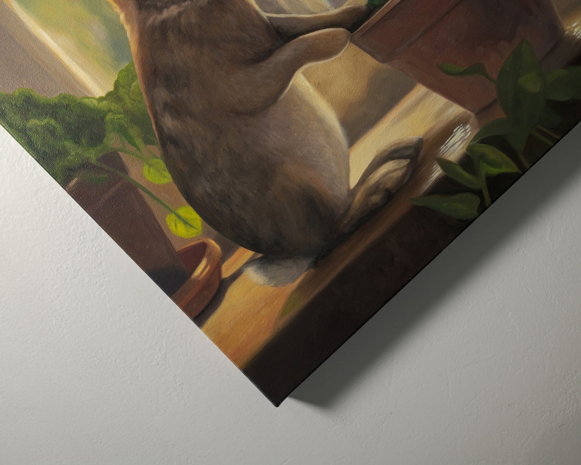 Sunroom Rabbits 20" x 16" Original Oil Painting by Lauren Pretorius: two rabbits interacting with a potted plant on a windowsill.