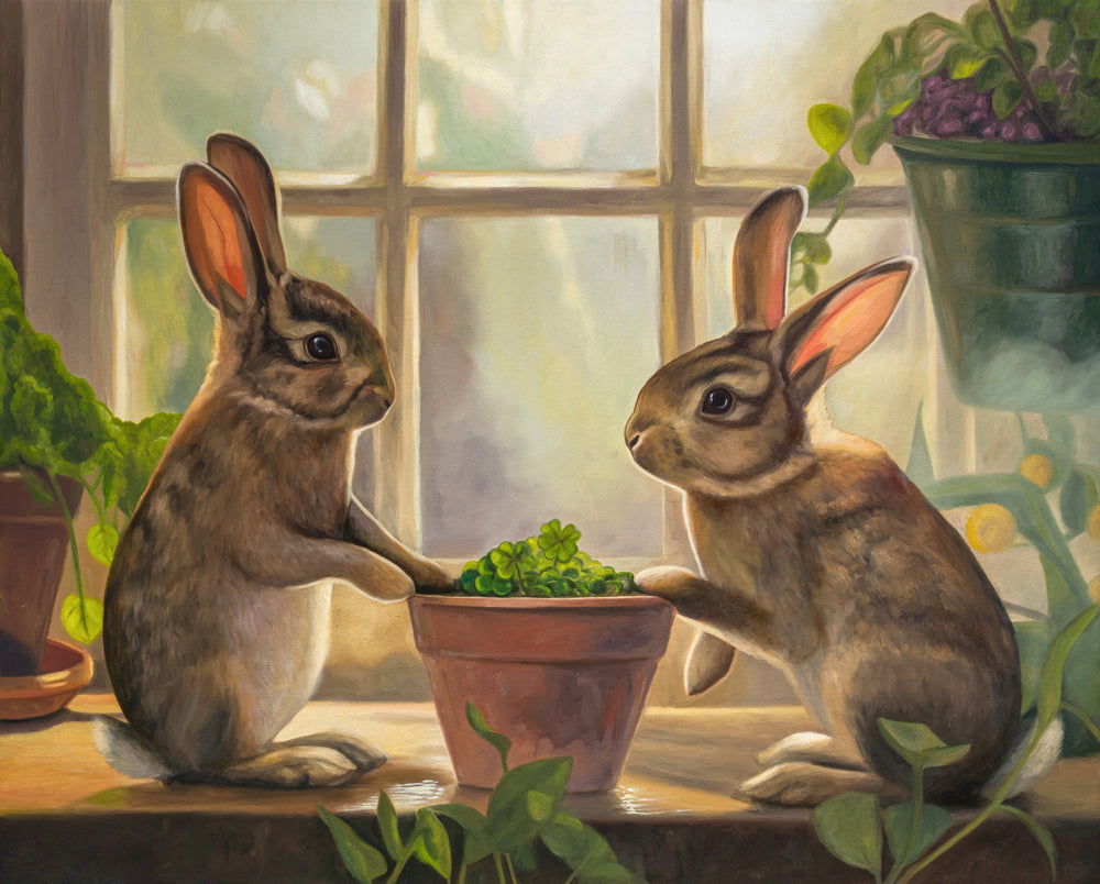 Sunroom Rabbits 20" x 16" Original Oil Painting by Lauren Pretorius: two rabbits interacting with a potted plant on a windowsill.