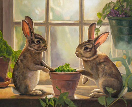 Sunroom Rabbits 20" x 16" Original Oil Painting by Lauren Pretorius: two rabbits interacting with a potted plant on a windowsill.