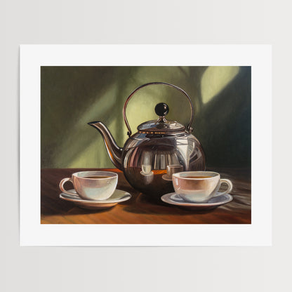 Tea for Two Fine Art Print by Lauren Pretorius: a silver tea kettle with a lid, placed on a table with two cups of tea in front. The background is in shadow with a hint of light.