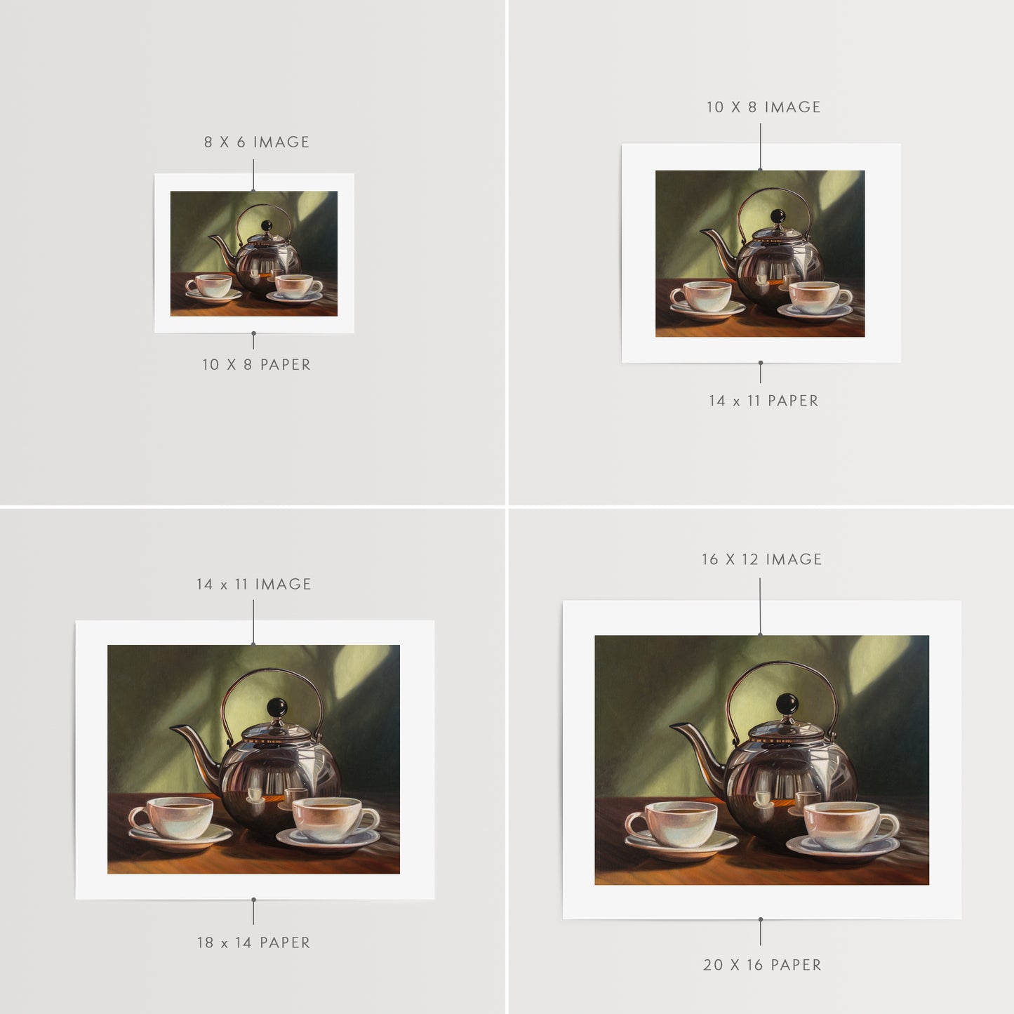 Tea for Two Fine Art Print by Lauren Pretorius: a silver tea kettle with a lid, placed on a table with two cups of tea in front. The background is in shadow with a hint of light.