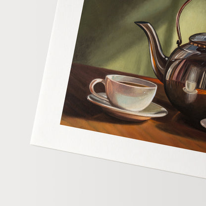 Tea for Two Fine Art Print by Lauren Pretorius: a silver tea kettle with a lid, placed on a table with two cups of tea in front. The background is in shadow with a hint of light.