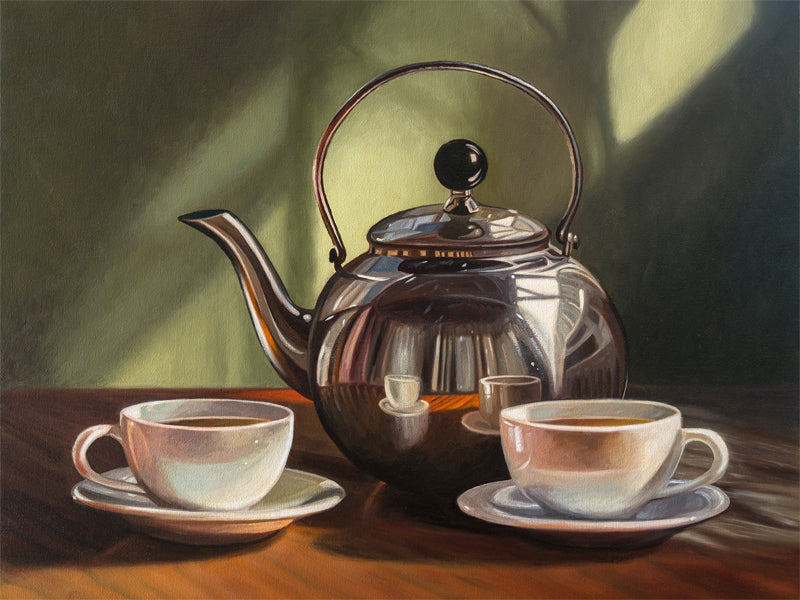 Tea for Two Fine Art Print by Lauren Pretorius: a silver tea kettle with a lid, placed on a table with two cups of tea in front. The background is in shadow with a hint of light.