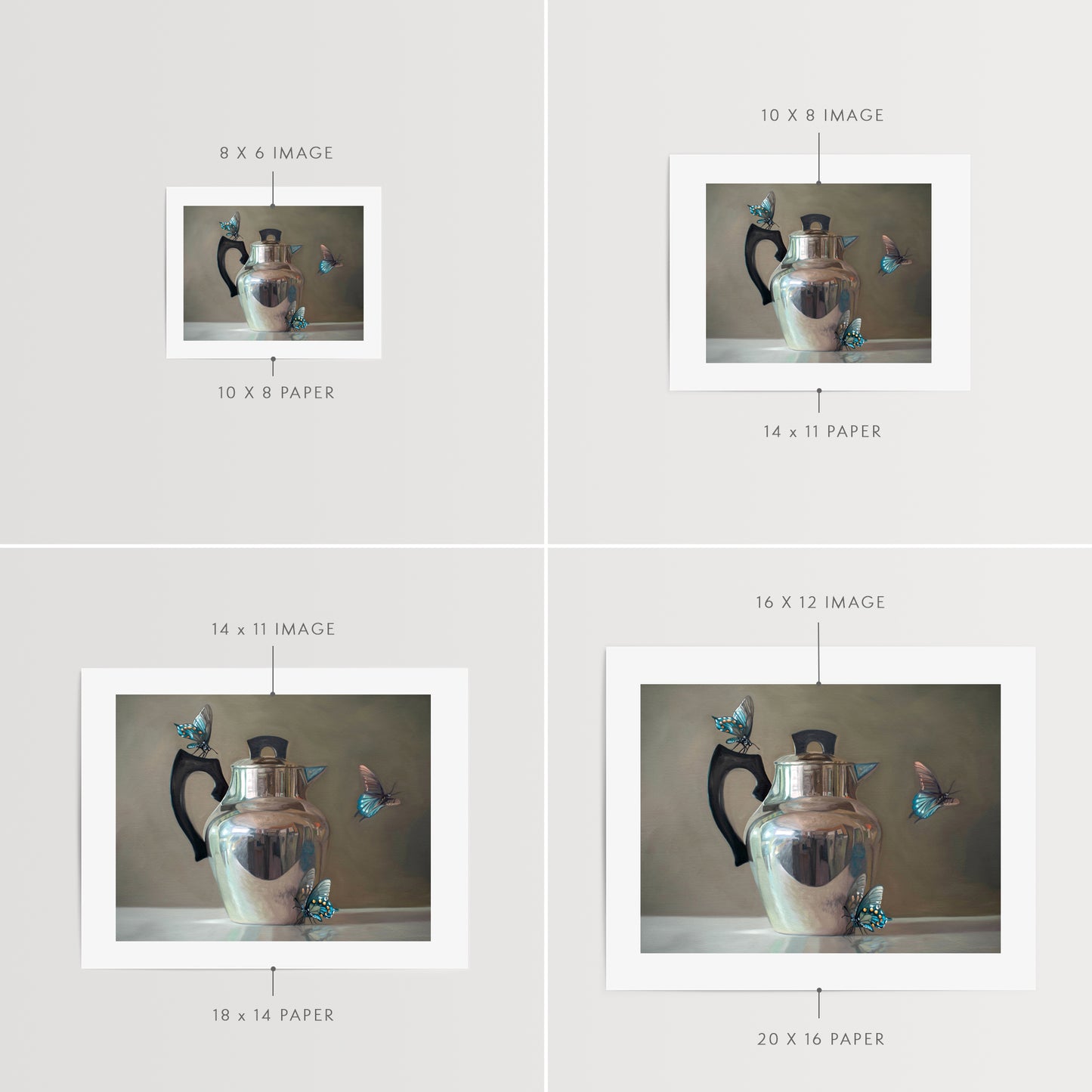 Tea Kettle and Blue Butterflies Fine Art Print by Lauren Pretorius: a trio of blue butterflies surrounding a vintage tea kettle.is from a series tea kettles paired with various objects.