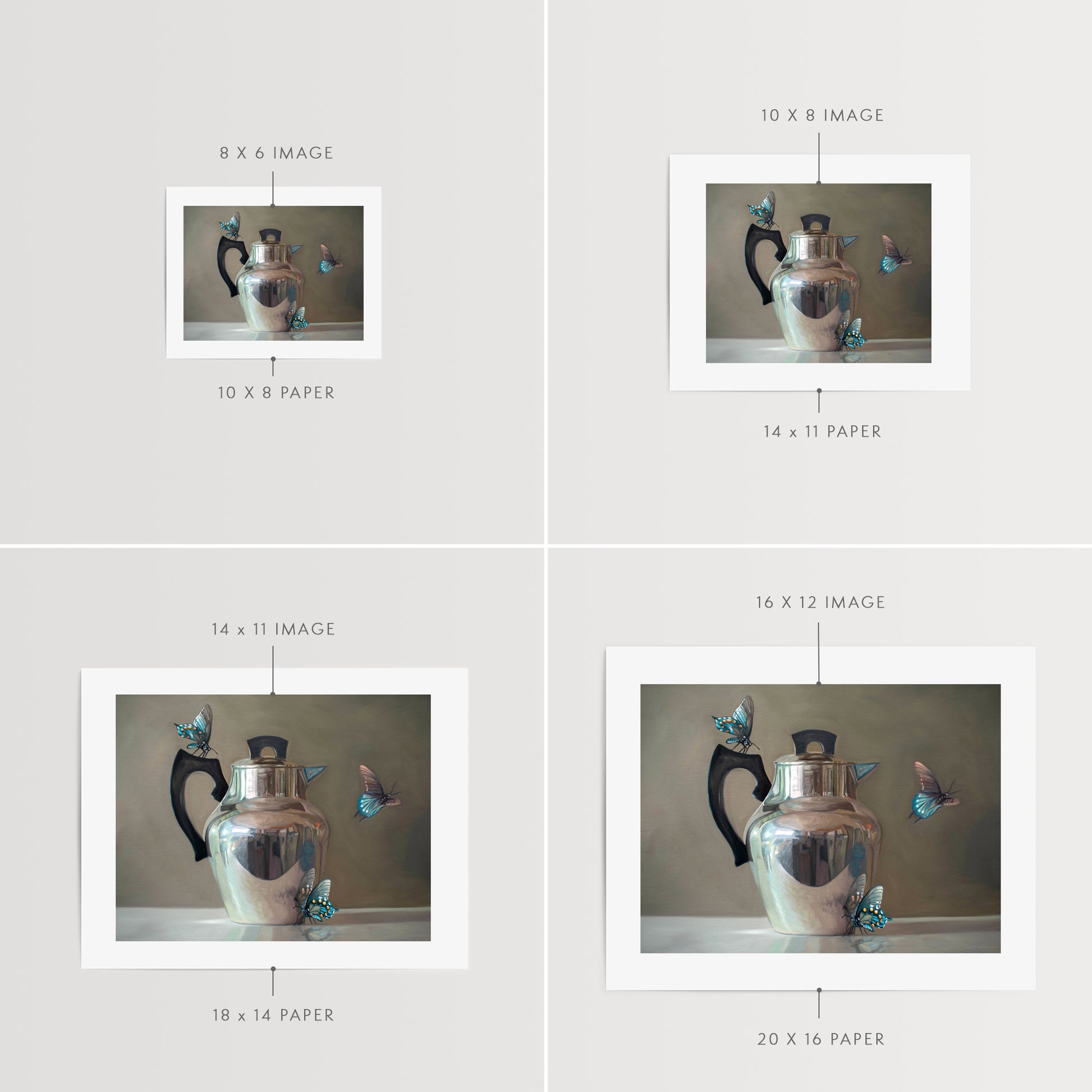 Tea Kettle and Blue Butterflies Fine Art Print by Lauren Pretorius: a trio of blue butterflies surrounding a vintage tea kettle.is from a series tea kettles paired with various objects.