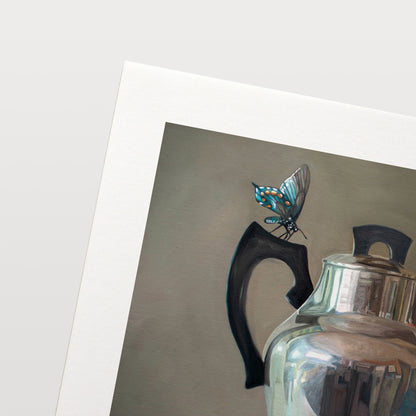 Tea Kettle and Blue Butterflies Fine Art Print by Lauren Pretorius: a trio of blue butterflies surrounding a vintage tea kettle.is from a series tea kettles paired with various objects.