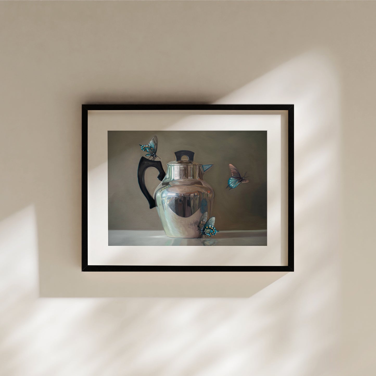 Tea Kettle and Blue Butterflies Fine Art Print by Lauren Pretorius: a trio of blue butterflies surrounding a vintage tea kettle.is from a series tea kettles paired with various objects.