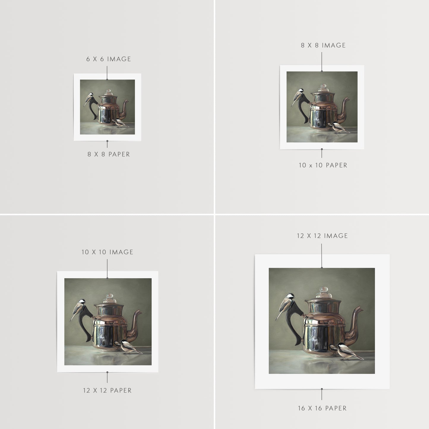 Tea Kettle and Chickadees Fine Art Print by Lauren Pretorius: a pair of chickadees inspecting a vintage tea kettle.is from a series tea kettles paired with various objects.