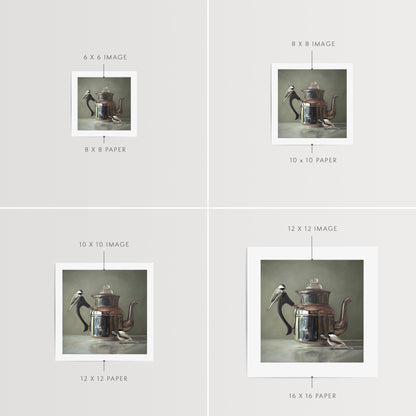 Tea Kettle and Chickadees Fine Art Print by Lauren Pretorius: a pair of chickadees inspecting a vintage tea kettle.is from a series tea kettles paired with various objects.