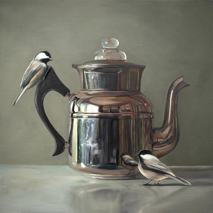 Tea Kettle and Chickadees Fine Art Print by Lauren Pretorius: a pair of chickadees inspecting a vintage tea kettle.is from a series tea kettles paired with various objects.