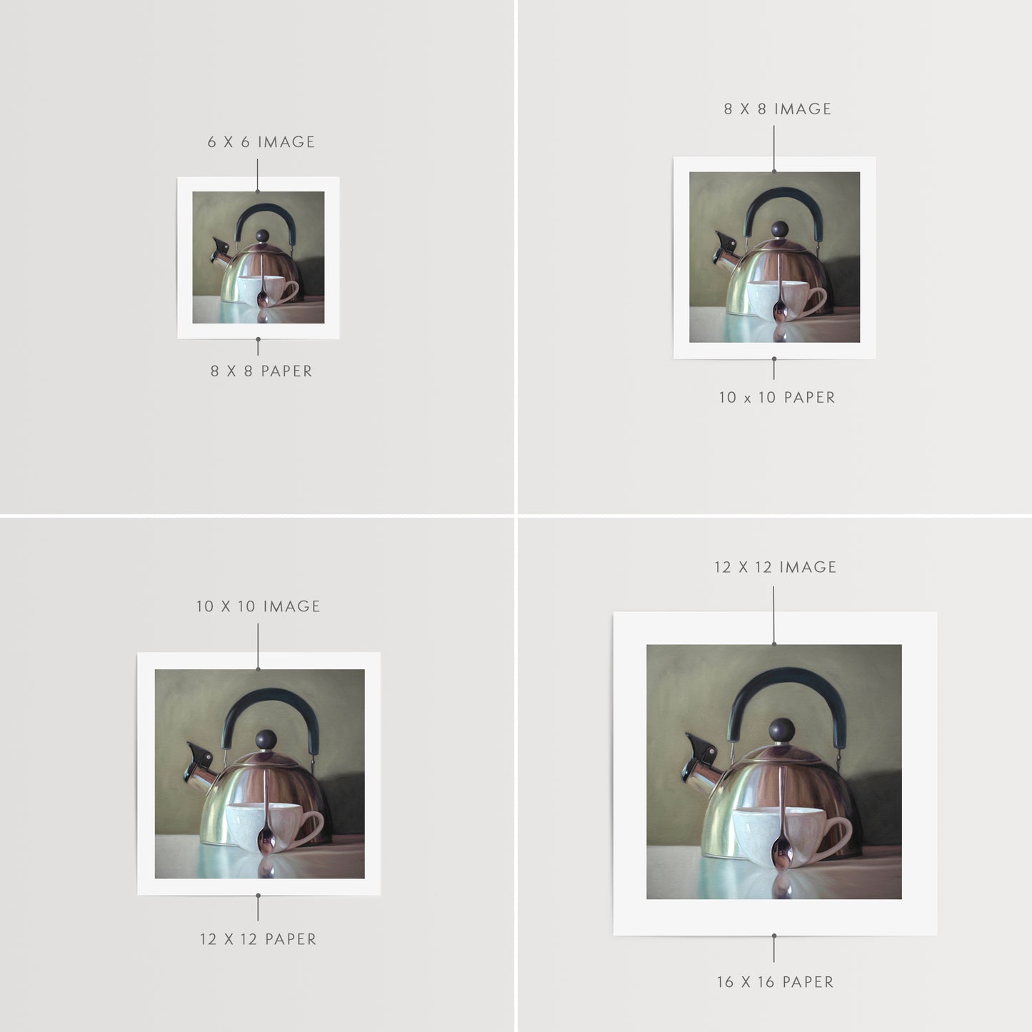 Tea Kettle and Coffee Cup Fine Art Print by Lauren Pretorius: a coffee cup resting next to a vintage tea kettle.is from a series tea kettles paired with various objects.