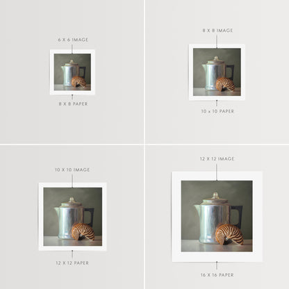 Tea Kettle and Nautilus Shell Fine Art Print by Lauren Pretorius: a nautilus shell resting next to a vintage tea kettle.is from a series tea kettles paired with various objects.