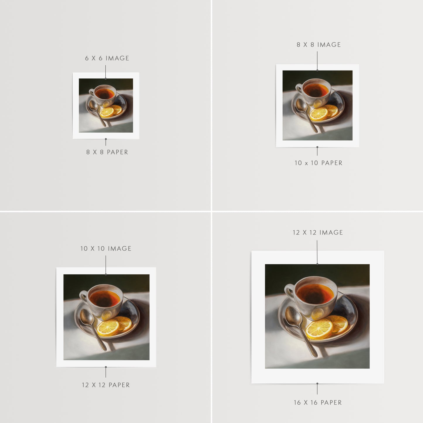 Tea with Lemons Fine Art Print by Lauren Pretorius: a cup of tea with lemon slices on a plate, accompanied by a spoon, against a light background.