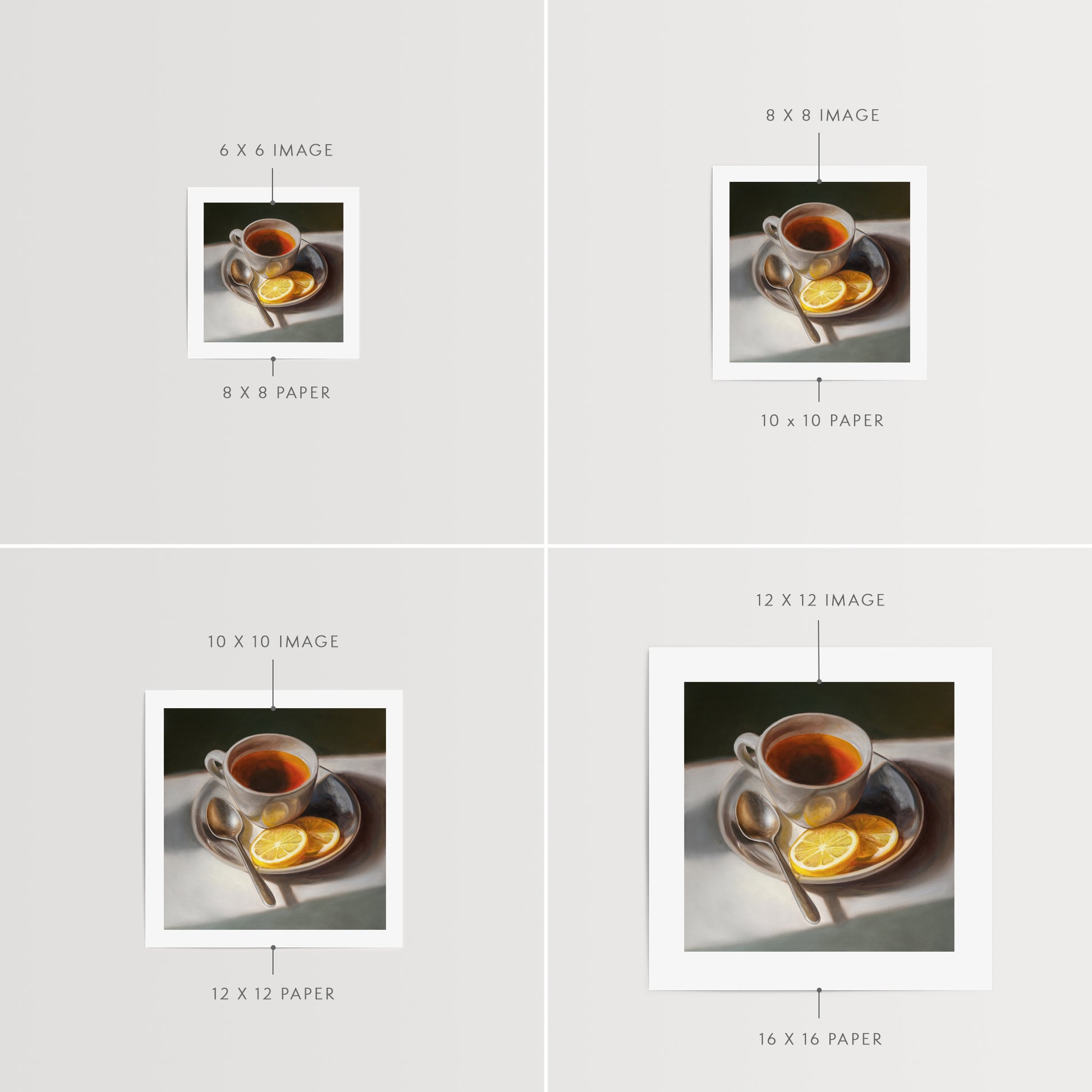 Tea with Lemons Fine Art Print by Lauren Pretorius: a cup of tea with lemon slices on a plate, accompanied by a spoon, against a light background.