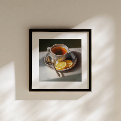 Tea with Lemons Fine Art Print by Lauren Pretorius: a cup of tea with lemon slices on a plate, accompanied by a spoon, against a light background.