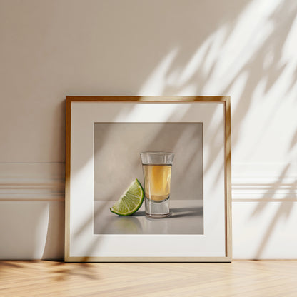 Tequila and Lime Fine Art Print by Lauren Pretorius: a freshly sliced lime leaning on a golden shot of tequila.