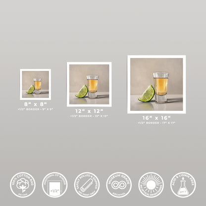 Three square art prints of a tequila shot with a lime wedge, shown in 8x8, 12x12, and 16x16 sizes.