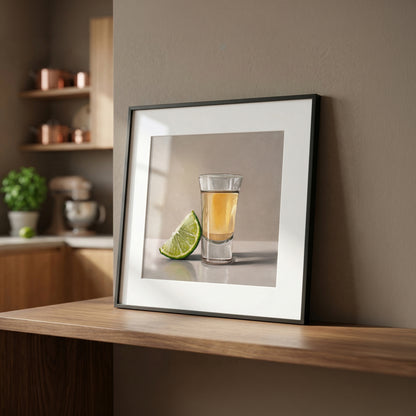 Framed fine art print of a tequila shot glass and a green lime wedge on a light background.