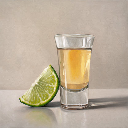 Realistic fine art print of a tequila shot in a clear glass with a vibrant green lime wedge.