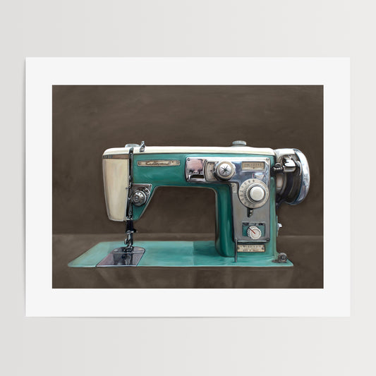 The Wizard Sewing Machine Fine Art Print by Lauren Pretorius: a Wizard vintage turquoise sewing machine with a dark grey background with brown undertones.