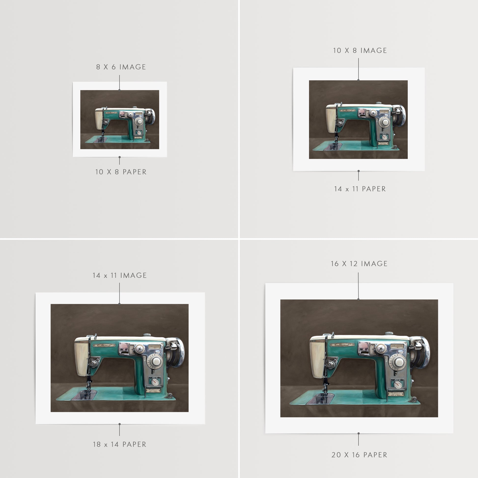 The Wizard Sewing Machine Fine Art Print by Lauren Pretorius: a Wizard vintage turquoise sewing machine with a dark grey background with brown undertones.