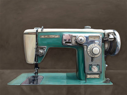 The Wizard Sewing Machine Fine Art Print by Lauren Pretorius: a Wizard vintage turquoise sewing machine with a dark grey background with brown undertones.