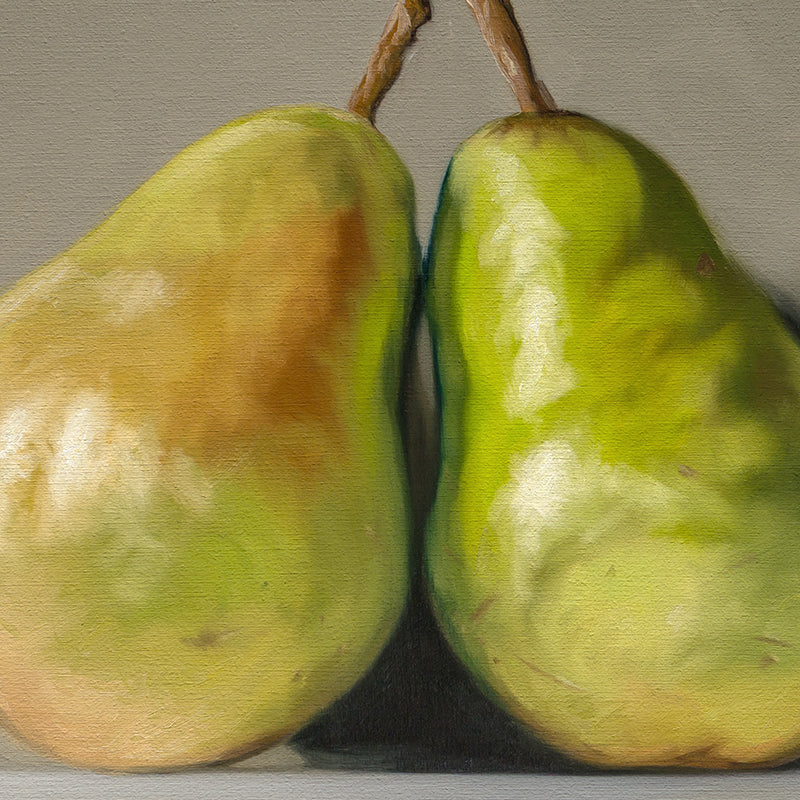 Three Pears 14" x 11" Original Oil Painting by Lauren Pretorius: three green pears with brown stems on a reflective surface and gray background