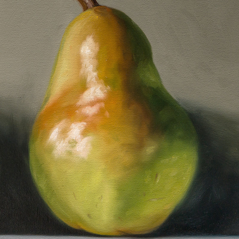 Three Pears 14" x 11" Original Oil Painting by Lauren Pretorius: three green pears with brown stems on a reflective surface and gray background