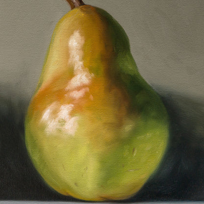 Three Pears 14" x 11" Original Oil Painting by Lauren Pretorius: three green pears with brown stems on a reflective surface and gray background