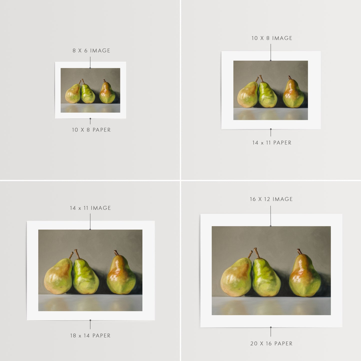 Three Pears Fine Art Print by Lauren Pretorius: three green pears with brown stems on a reflective surface and gray background