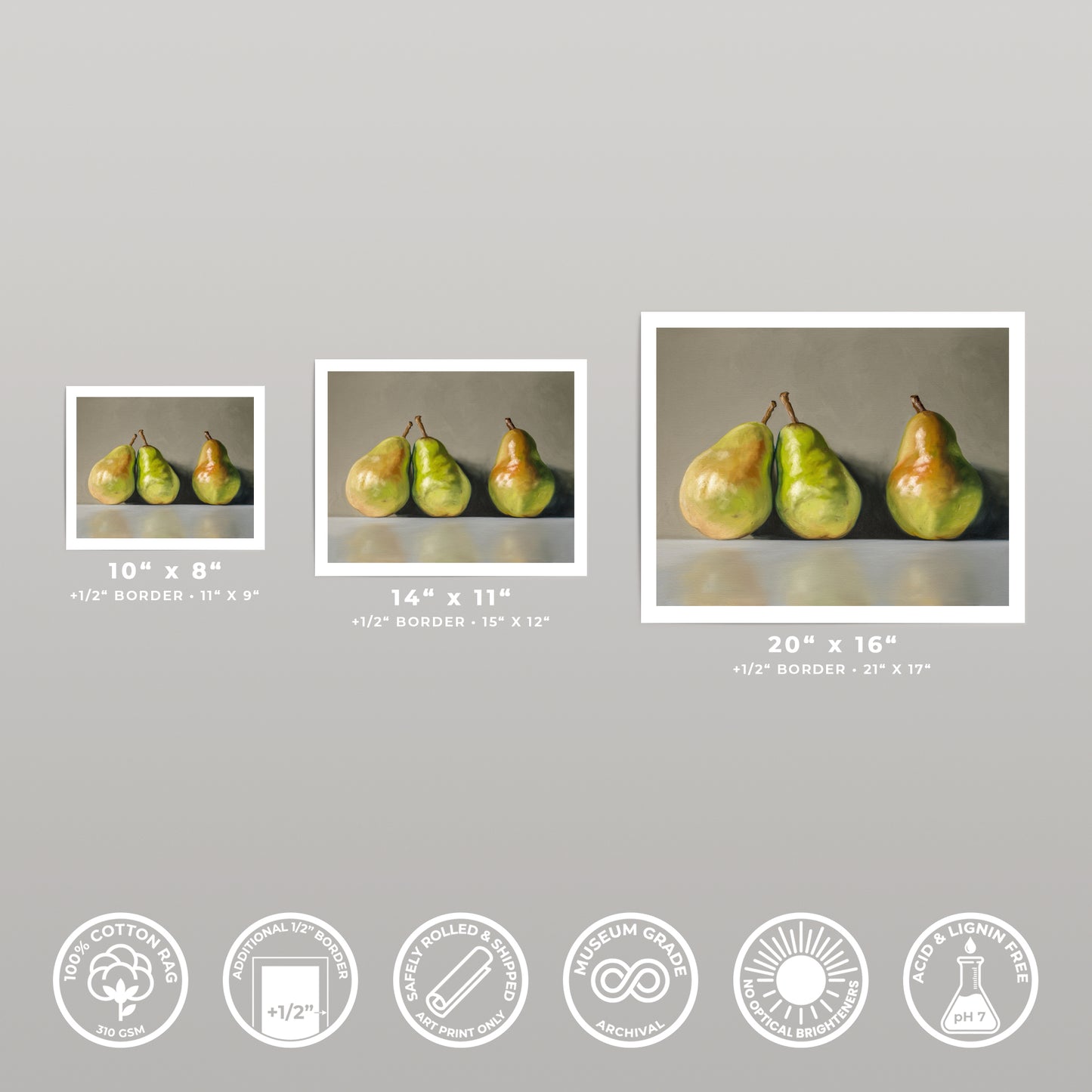 Three Pears fine art print in three sizes, showing vibrant green and yellow pears on a neutral background.
