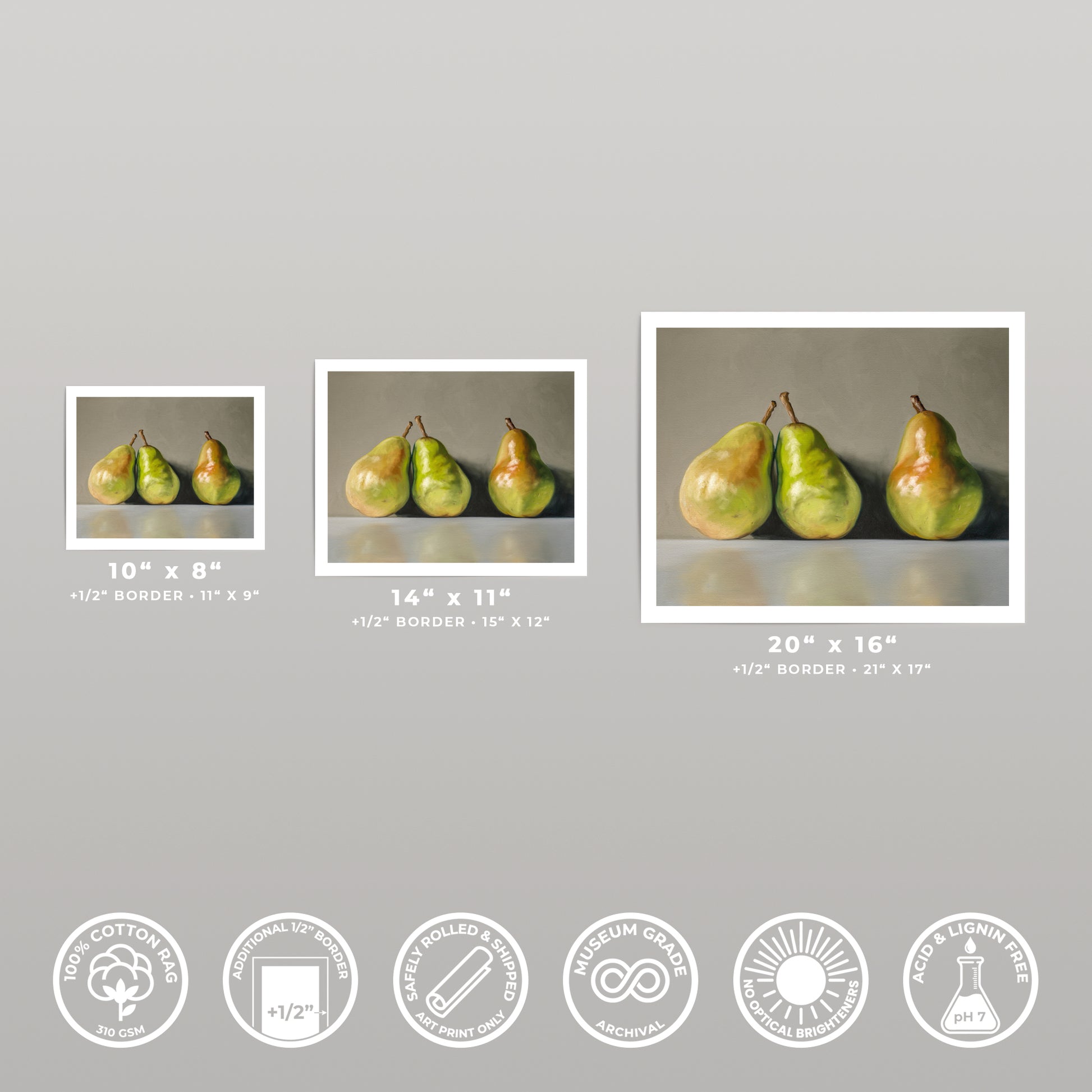 Three Pears fine art print in three sizes, showing vibrant green and yellow pears on a neutral background.