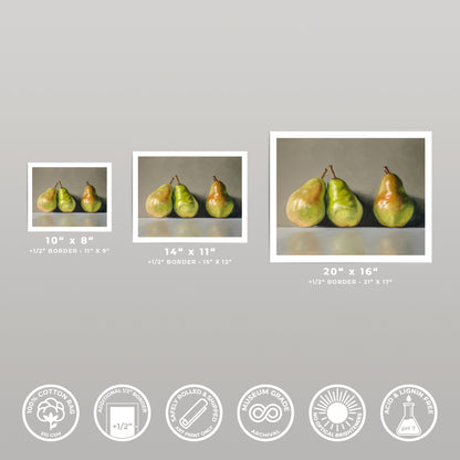 Three Pears fine art print in three sizes, showing vibrant green and yellow pears on a neutral background.