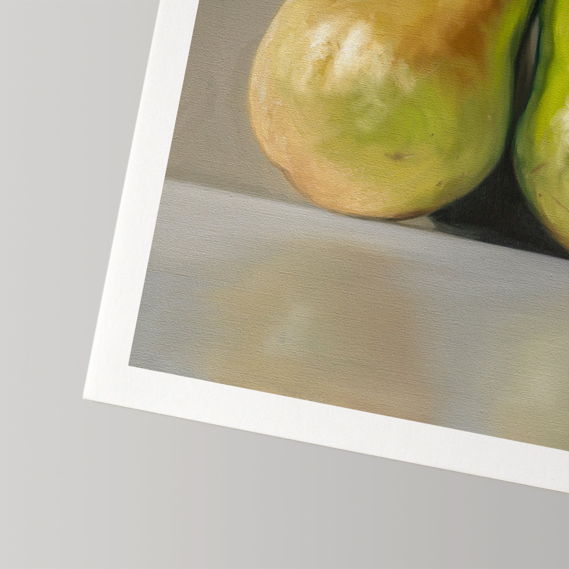 Fine art print of three green and yellow pears on a light background with a white border.