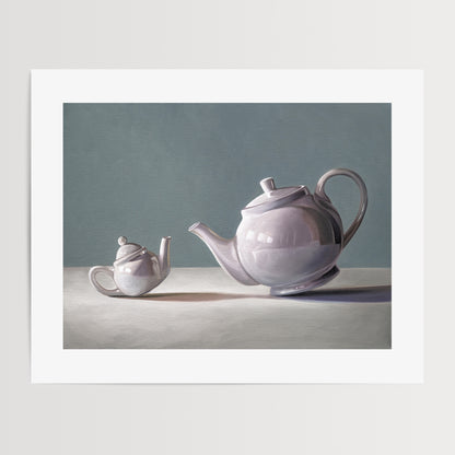 Tiny Teapot Fine Art Print by Lauren Pretorius: teapot curiously inspecting its little bitty counterpart.