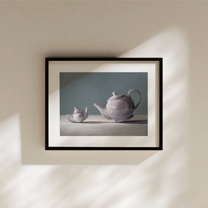 Tiny Teapot Fine Art Print by Lauren Pretorius: teapot curiously inspecting its little bitty counterpart.