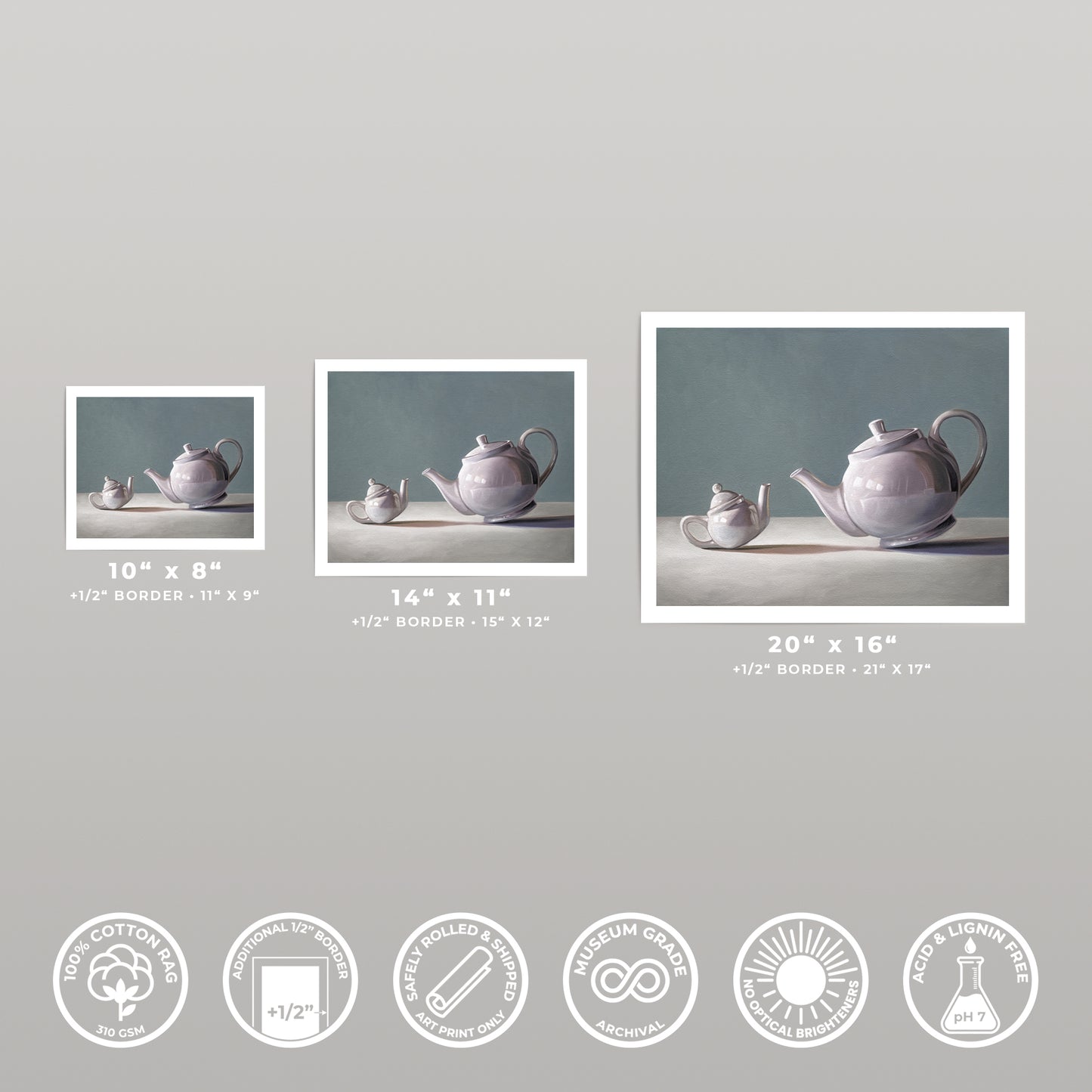 Three "Tiny Teapot" fine art prints in 10x8, 14x11, and 20x16 sizes, showcasing a purple teapot duo.