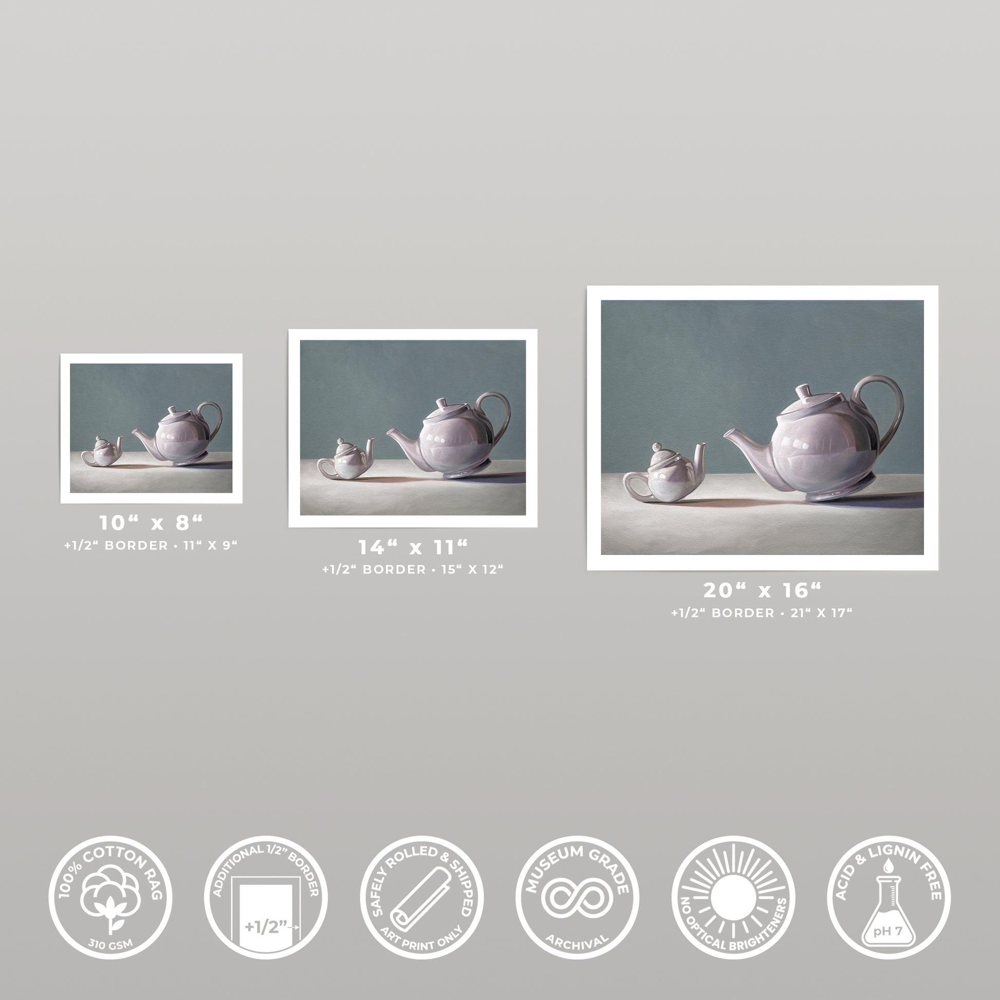 Three "Tiny Teapot" fine art prints in 10x8, 14x11, and 20x16 sizes, showcasing a purple teapot duo.