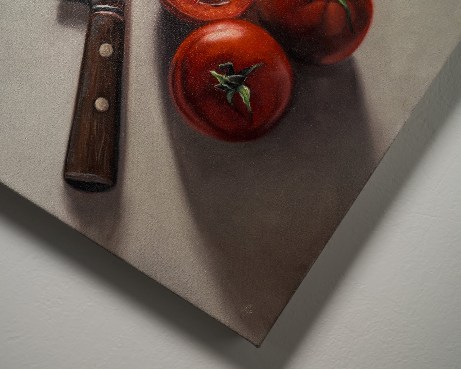 Tomato & Basil 12" x 12" Original Oil Painting by Lauren Pretorius: a knife next to three tomatoes and basil leaves on a light surface
