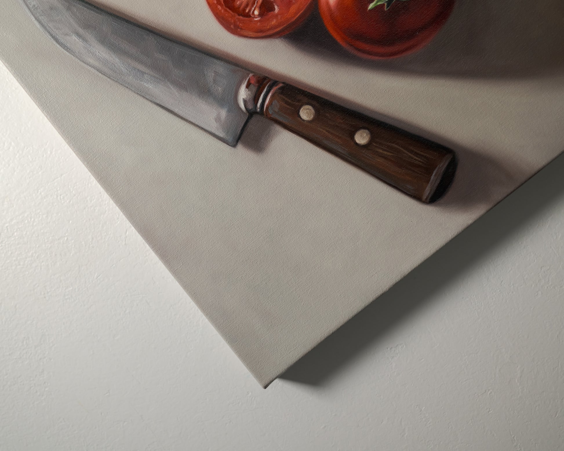 Tomato & Basil 12" x 12" Original Oil Painting by Lauren Pretorius: a knife next to three tomatoes and basil leaves on a light surface