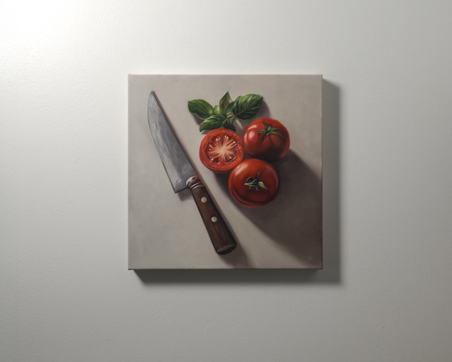 Tomato & Basil 12" x 12" Original Oil Painting by Lauren Pretorius: a knife next to three tomatoes and basil leaves on a light surface