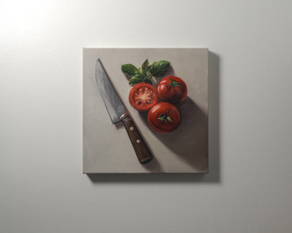 Tomato & Basil 12" x 12" Original Oil Painting by Lauren Pretorius: a knife next to three tomatoes and basil leaves on a light surface