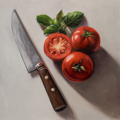 Tomato & Basil 12" x 12" Original Oil Painting by Lauren Pretorius: a knife next to three tomatoes and basil leaves on a light surface