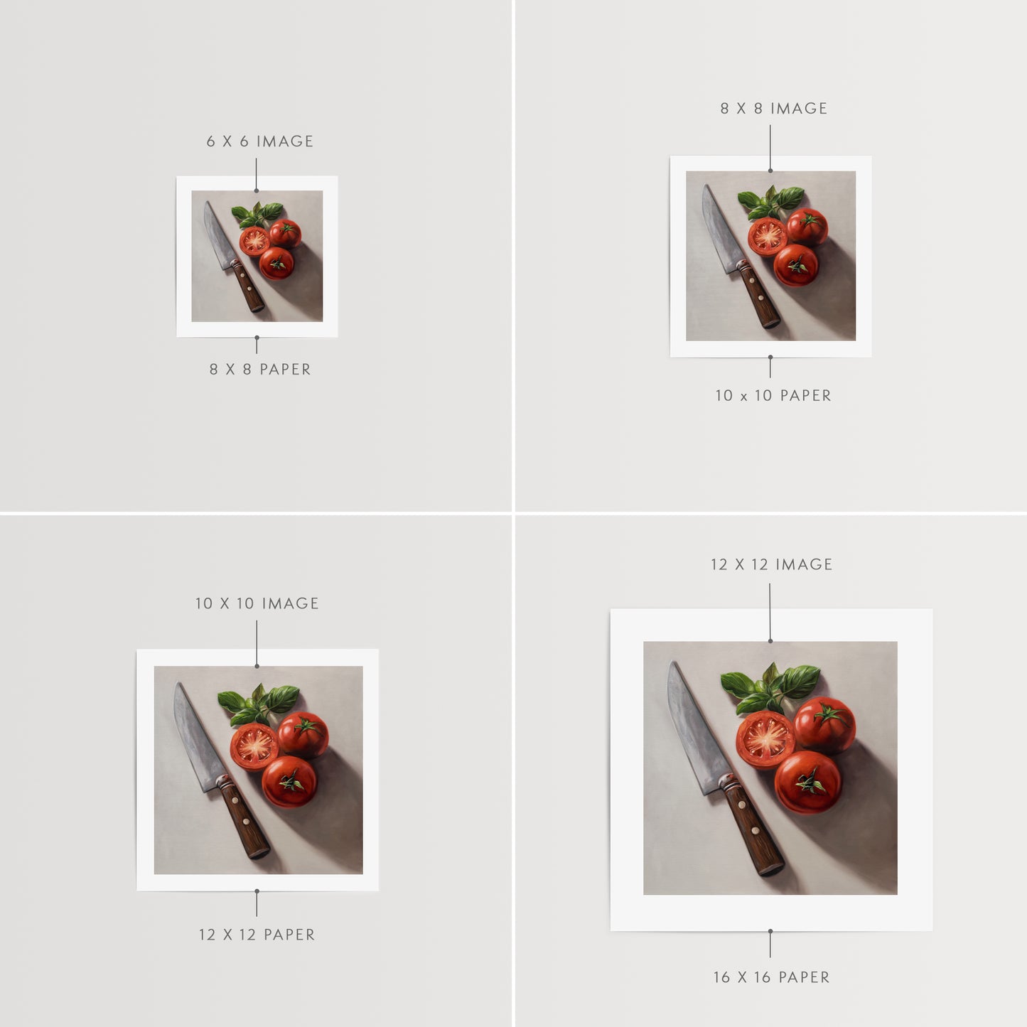 Tomato & Basil Fine Art Print by Lauren Pretorius: a knife next to three tomatoes and basil leaves on a light surface