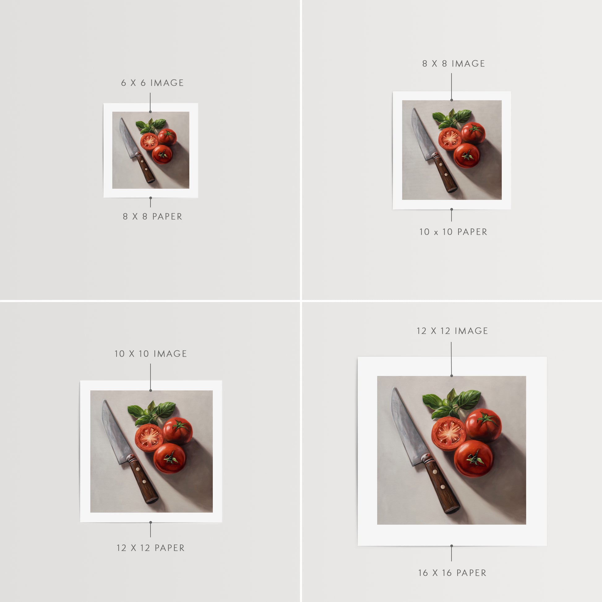 Tomato & Basil Fine Art Print by Lauren Pretorius: a knife next to three tomatoes and basil leaves on a light surface